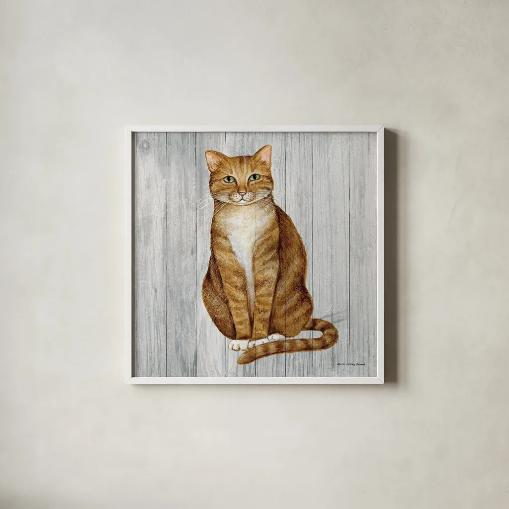 Country Kitty II on Wood by David Carter Brown. Shown in a crisp white glass frame for a clean and minimalist style. Available as an archival giclee rolled canvas, fine art paper, or poster print. SKU 26469a.