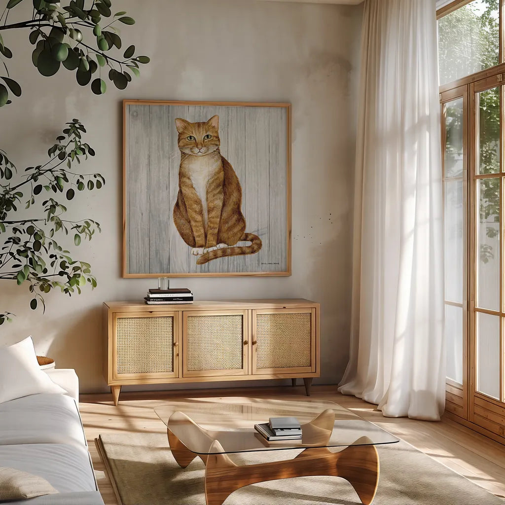 Country Kitty II on Wood by David Carter Brown. Shown in a natural wood frame in a cozy modern living room. Available as an archival giclee rolled canvas, fine art paper, or poster print. SKU 26469a.