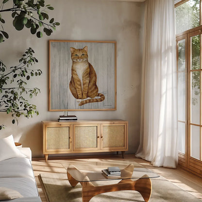 Country Kitty II on Wood by David Carter Brown. Shown in a natural wood frame in a cozy modern living room. Available as an archival giclee rolled canvas, fine art paper, or poster print. SKU 26469a.