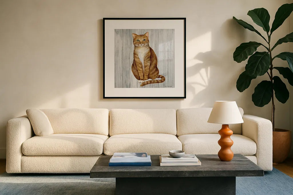 Country Kitty II on Wood by David Carter Brown. Displayed in a glass frame with matte in a clean modern living room. Available as an archival giclee rolled canvas, fine art paper, or poster print. SKU 26469a.