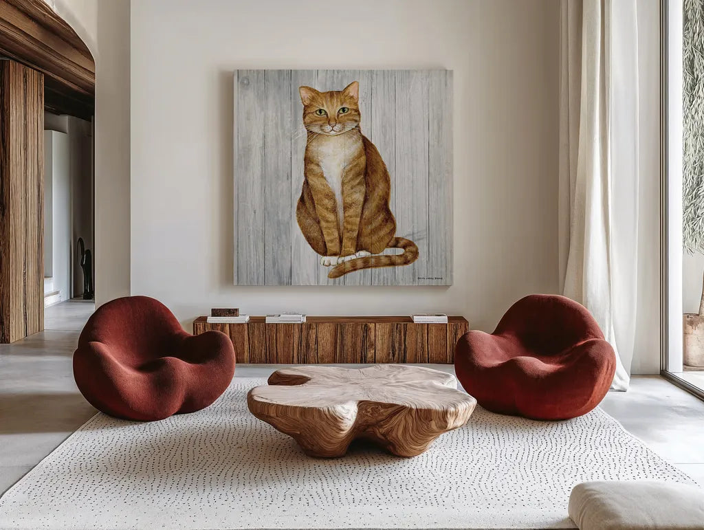 Country Kitty II on Wood by David Carter Brown. Shown as extra-large giant wall art in a modern living room. Available as an archival giclee rolled canvas, fine art paper, or poster print. SKU 26469a.