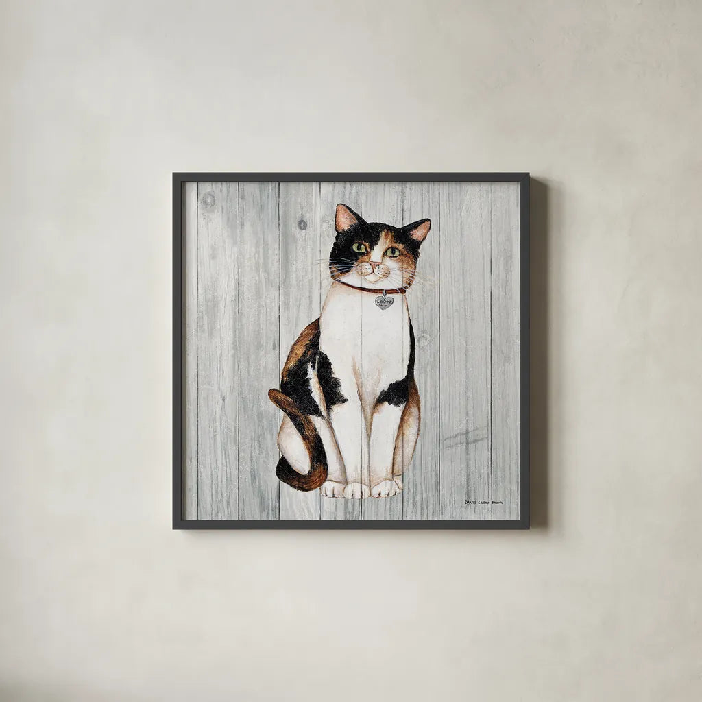 Country Kitty III on Wood by David Carter Brown. Shown in a sleek black glass frame for a contemporary gallery look. Available as an archival giclee rolled canvas, fine art paper, or poster print. SKU 26470a.