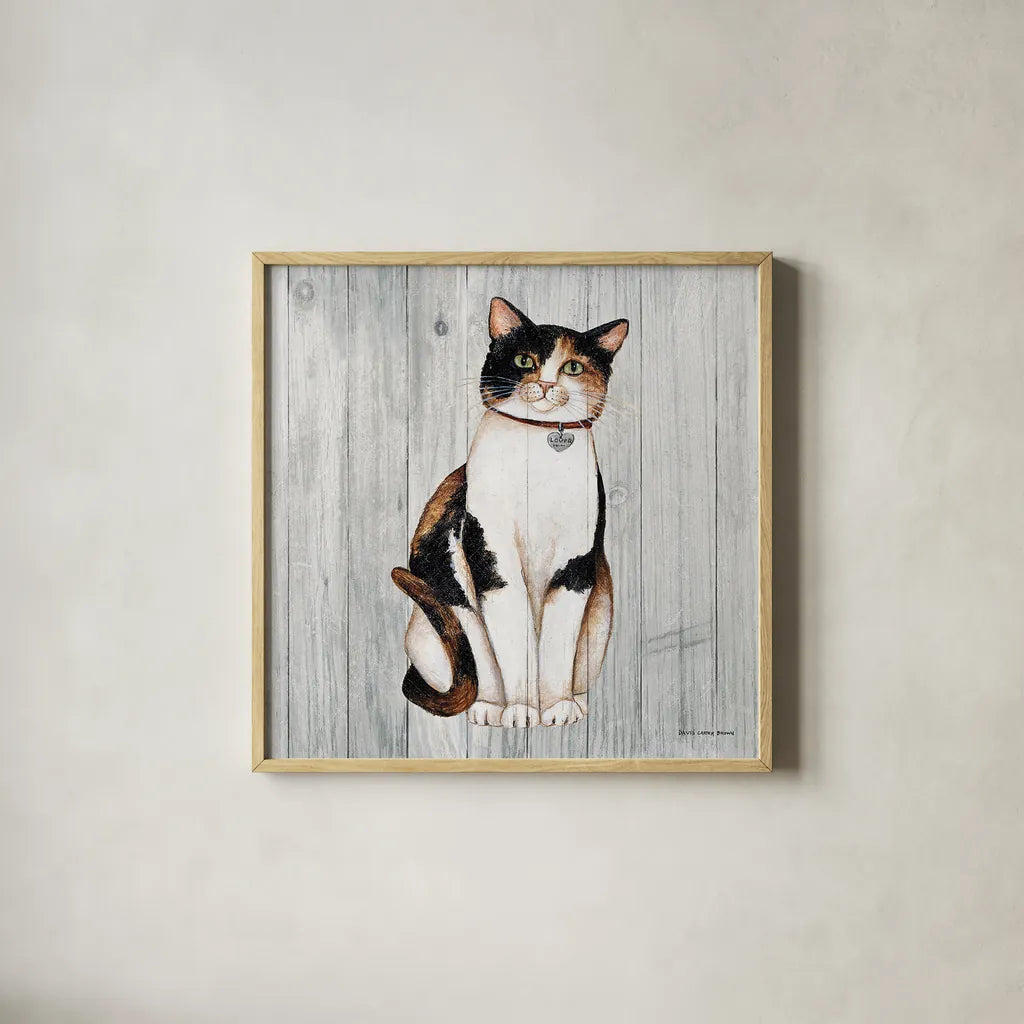 Country Kitty III on Wood by David Carter Brown. Shown in a natural wood glass frame for a timeless modern aesthetic. Available as an archival giclee rolled canvas, fine art paper, or poster print. SKU 26470a.