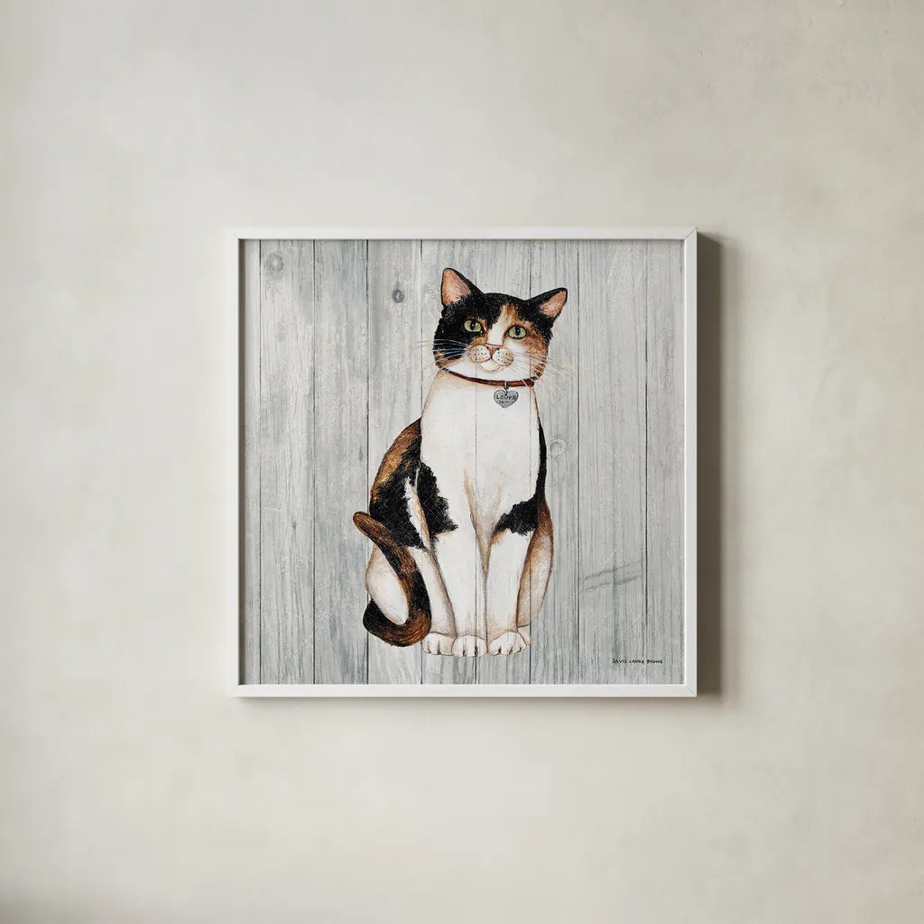 Country Kitty III on Wood by David Carter Brown. Shown in a crisp white glass frame for a clean and minimalist style. Available as an archival giclee rolled canvas, fine art paper, or poster print. SKU 26470a.