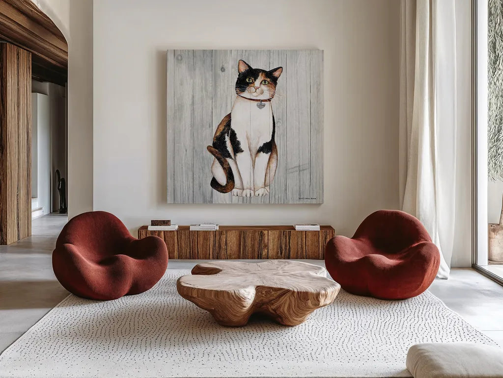 Country Kitty III on Wood by David Carter Brown. Shown as extra-large giant wall art in a modern living room. Available as an archival giclee rolled canvas, fine art paper, or poster print. SKU 26470a.