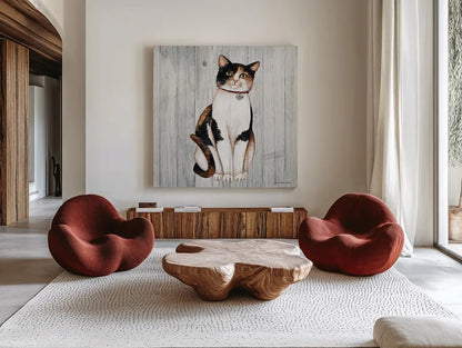 Country Kitty III on Wood by David Carter Brown. Shown as extra-large giant wall art in a modern living room. Available as an archival giclee rolled canvas, fine art paper, or poster print. SKU 26470a.