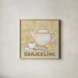 Darjeeling Tea by David Carter Brown. Shown in a natural wood glass frame for a timeless modern aesthetic. Available as an archival giclee rolled canvas, fine art paper, or poster print. SKU 37695a.