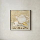 Darjeeling Tea by David Carter Brown. Shown in a crisp white glass frame for a clean and minimalist style. Available as an archival giclee rolled canvas, fine art paper, or poster print. SKU 37695a.