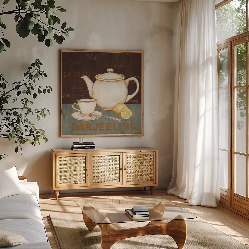 Darjeeling Tea Brown by David Carter Brown. Shown in a natural wood frame in a cozy modern living room. Available as an archival giclee rolled canvas, fine art paper, or poster print. SKU 37683a.