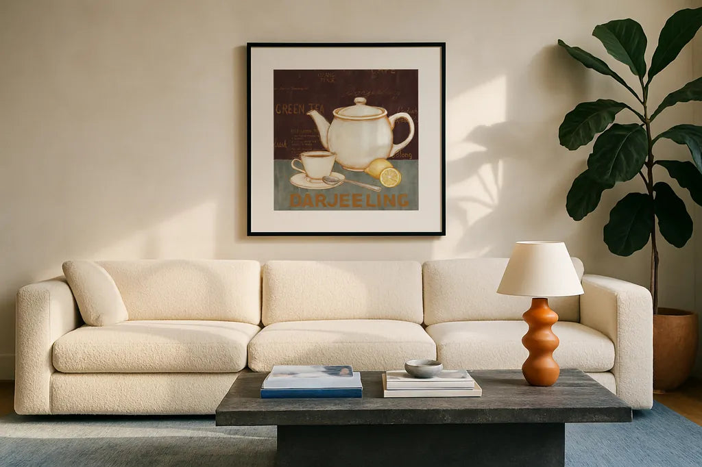 Darjeeling Tea Brown by David Carter Brown. Displayed in a glass frame with matte in a clean modern living room. Available as an archival giclee rolled canvas, fine art paper, or poster print. SKU 37683a.