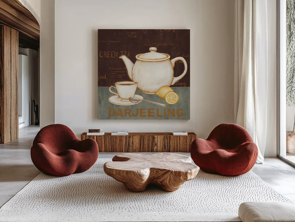 Darjeeling Tea Brown by David Carter Brown. Shown as extra-large giant wall art in a modern living room. Available as an archival giclee rolled canvas, fine art paper, or poster print. SKU 37683a.