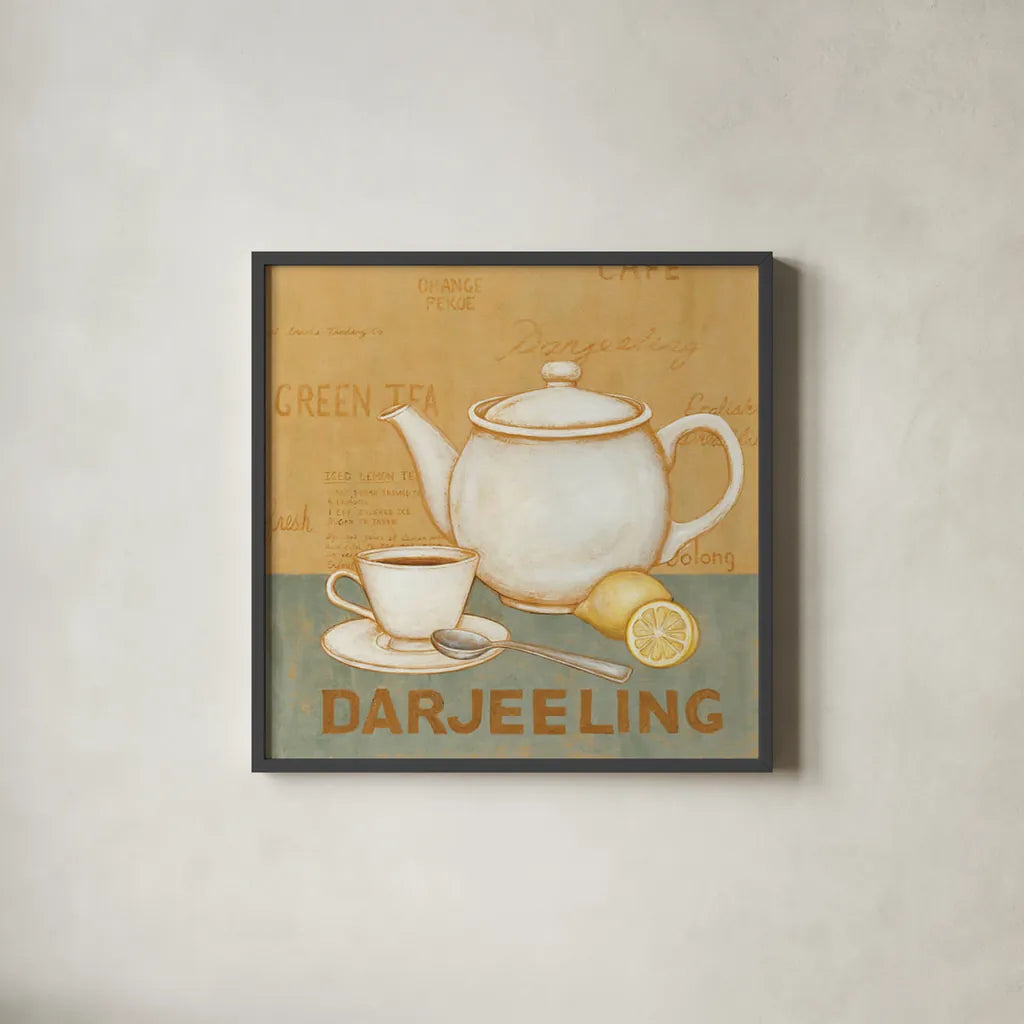 Darjeeling Tea Teal by David Carter Brown. Shown in a sleek black glass frame for a contemporary gallery look. Available as an archival giclee rolled canvas, fine art paper, or poster print. SKU 37682a.