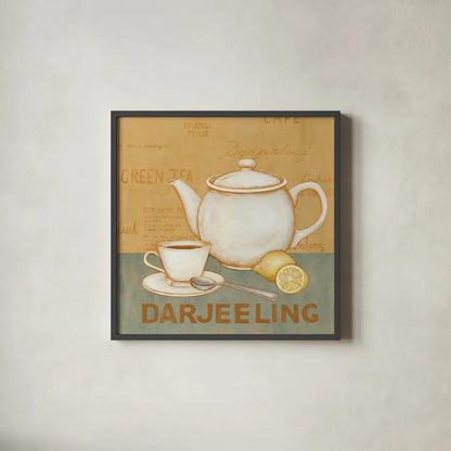 Darjeeling Tea Teal by David Carter Brown. Shown in a sleek black glass frame for a contemporary gallery look. Available as an archival giclee rolled canvas, fine art paper, or poster print. SKU 37682a.