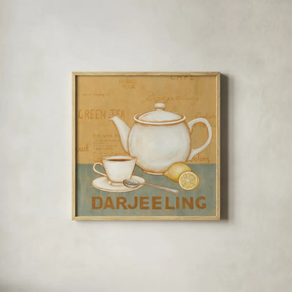 Darjeeling Tea Teal by David Carter Brown. Shown in a natural wood glass frame for a timeless modern aesthetic. Available as an archival giclee rolled canvas, fine art paper, or poster print. SKU 37682a.