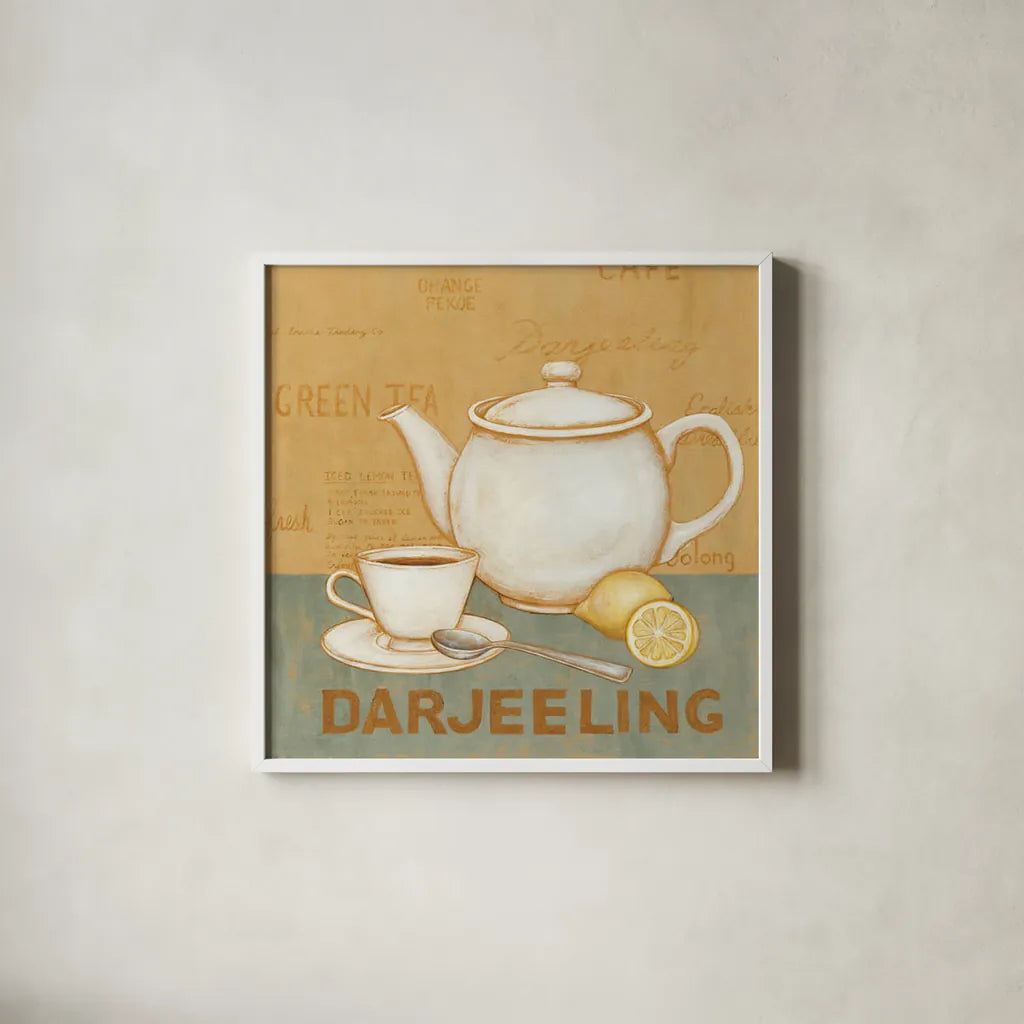 Darjeeling Tea Teal by David Carter Brown. Shown in a crisp white glass frame for a clean and minimalist style. Available as an archival giclee rolled canvas, fine art paper, or poster print. SKU 37682a.