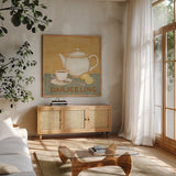 Darjeeling Tea Teal by David Carter Brown. Shown in a natural wood frame in a cozy modern living room. Available as an archival giclee rolled canvas, fine art paper, or poster print. SKU 37682a.