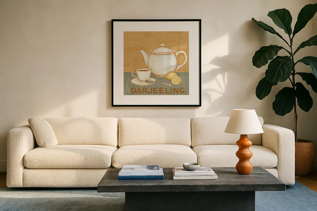 Darjeeling Tea Teal by David Carter Brown. Displayed in a glass frame with matte in a clean modern living room. Available as an archival giclee rolled canvas, fine art paper, or poster print. SKU 37682a.