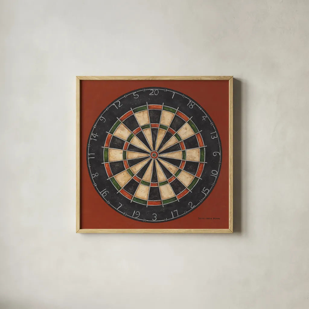 Dartboard by David Carter Brown. Shown in a natural wood glass frame for a timeless modern aesthetic. Available as an archival giclee rolled canvas, fine art paper, or poster print. SKU 1258a.