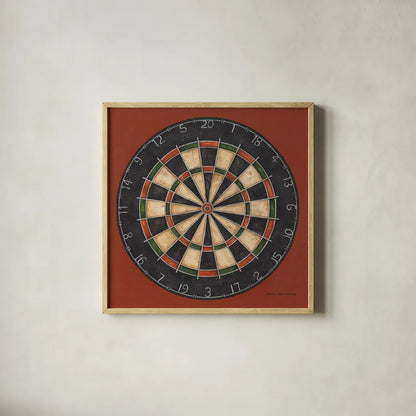 Dartboard by David Carter Brown. Shown in a natural wood glass frame for a timeless modern aesthetic. Available as an archival giclee rolled canvas, fine art paper, or poster print. SKU 1258a.