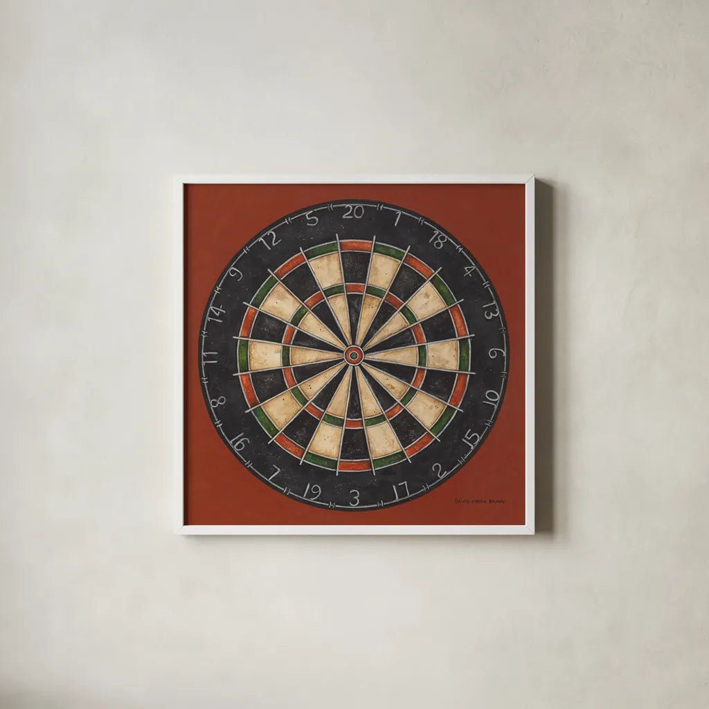 Dartboard by David Carter Brown. Shown in a crisp white glass frame for a clean and minimalist style. Available as an archival giclee rolled canvas, fine art paper, or poster print. SKU 1258a.