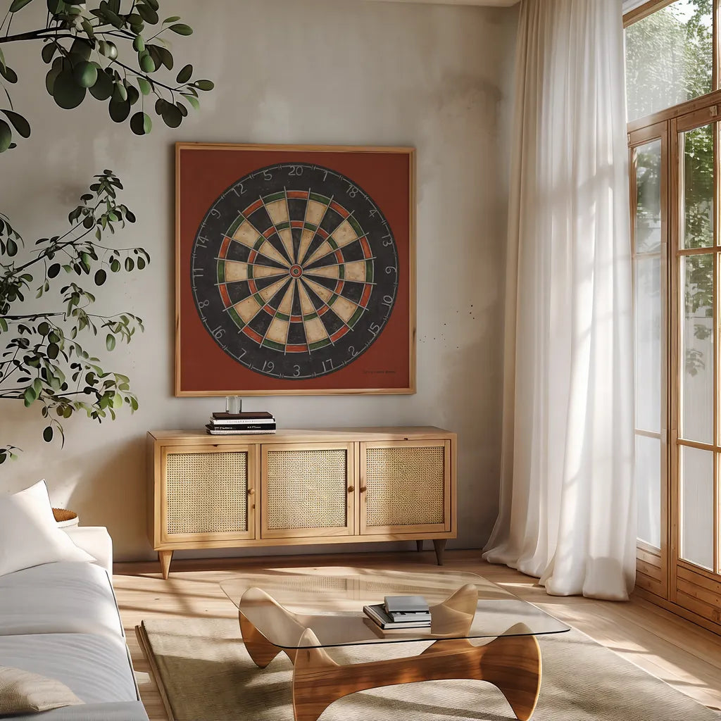 Dartboard by David Carter Brown. Shown in a natural wood frame in a cozy modern living room. Available as an archival giclee rolled canvas, fine art paper, or poster print. SKU 1258a.