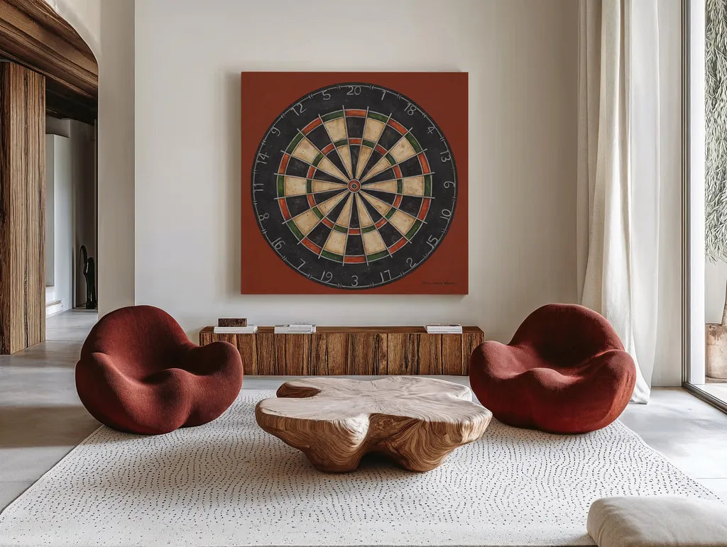 Dartboard by David Carter Brown. Shown as extra-large giant wall art in a modern living room. Available as an archival giclee rolled canvas, fine art paper, or poster print. SKU 1258a.