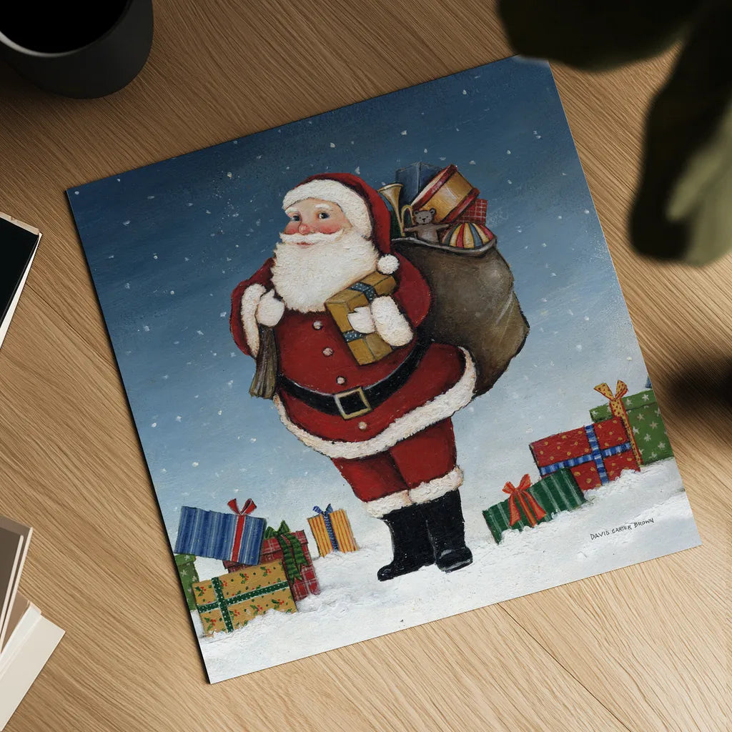 Deck the Halls Santa by David Carter Brown. Shown as a detailed flat fine art print, highlighting archival giclee quality. Available as an archival giclee rolled canvas, fine art paper, or poster print. SKU 95486a.