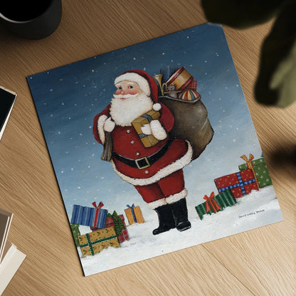 Deck the Halls Santa by David Carter Brown. Shown as a detailed flat fine art print, highlighting archival giclee quality. Available as an archival giclee rolled canvas, fine art paper, or poster print. SKU 95486a.