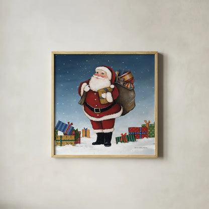 Deck the Halls Santa by David Carter Brown. Shown in a natural wood glass frame for a timeless modern aesthetic. Available as an archival giclee rolled canvas, fine art paper, or poster print. SKU 95486a.
