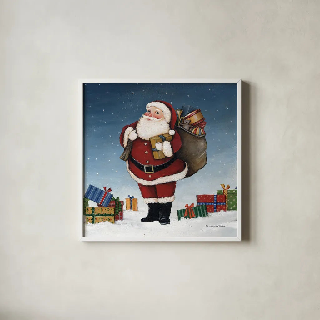 Deck the Halls Santa by David Carter Brown. Shown in a crisp white glass frame for a clean and minimalist style. Available as an archival giclee rolled canvas, fine art paper, or poster print. SKU 95486a.