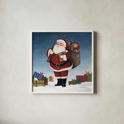 Deck the Halls Santa by David Carter Brown. Shown in a crisp white glass frame for a clean and minimalist style. Available as an archival giclee rolled canvas, fine art paper, or poster print. SKU 95486a.