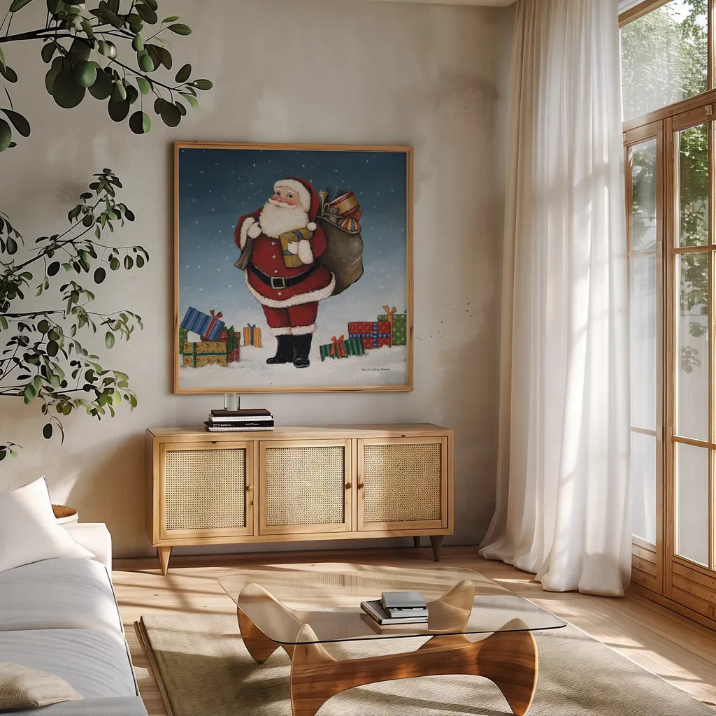 Deck the Halls Santa by David Carter Brown. Shown in a natural wood frame in a cozy modern living room. Available as an archival giclee rolled canvas, fine art paper, or poster print. SKU 95486a.