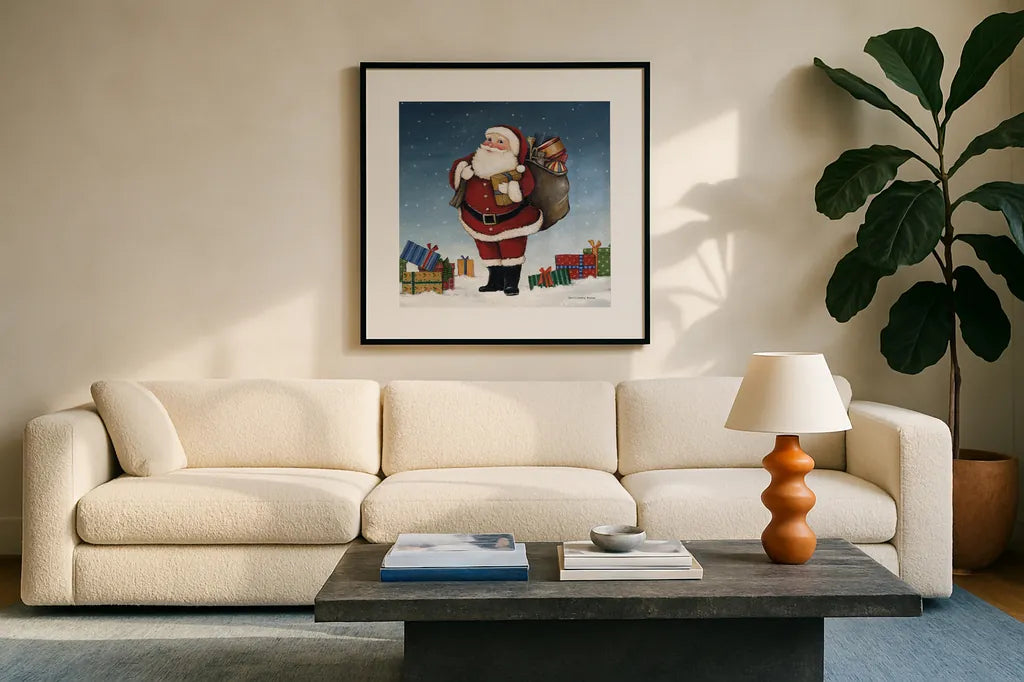 Deck the Halls Santa by David Carter Brown. Displayed in a glass frame with matte in a clean modern living room. Available as an archival giclee rolled canvas, fine art paper, or poster print. SKU 95486a.