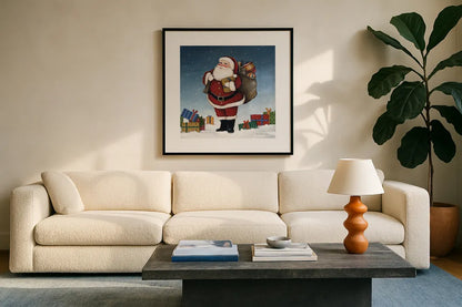 Deck the Halls Santa by David Carter Brown. Displayed in a glass frame with matte in a clean modern living room. Available as an archival giclee rolled canvas, fine art paper, or poster print. SKU 95486a.