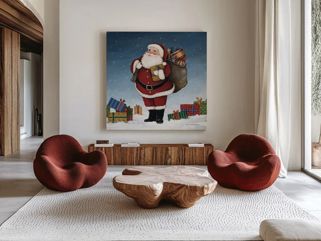 Deck the Halls Santa by David Carter Brown. Shown as extra-large giant wall art in a modern living room. Available as an archival giclee rolled canvas, fine art paper, or poster print. SKU 95486a.