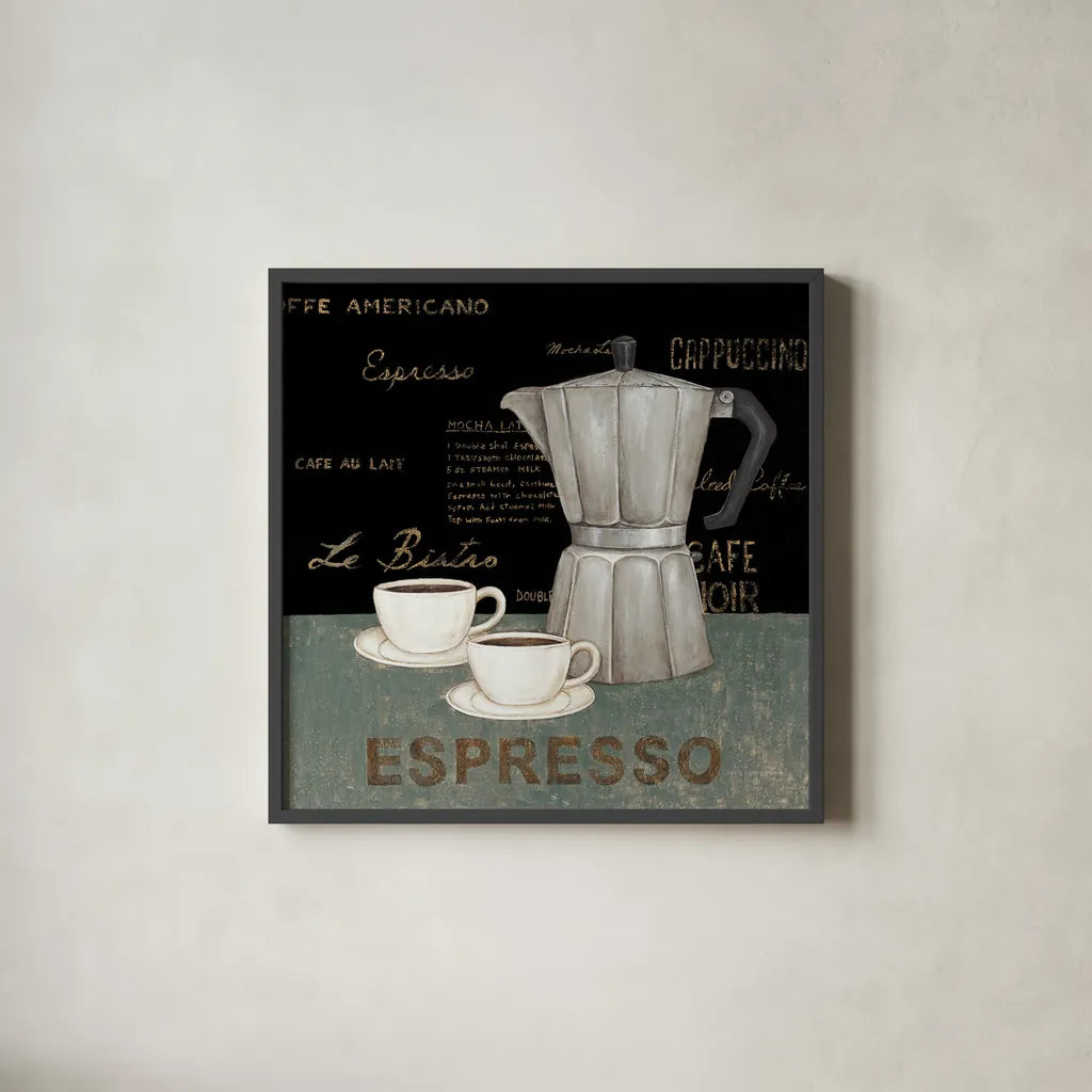 Espresso by David Carter Brown. Shown in a sleek black glass frame for a contemporary gallery look. Available as an archival giclee rolled canvas, fine art paper, or poster print. SKU 3262a.