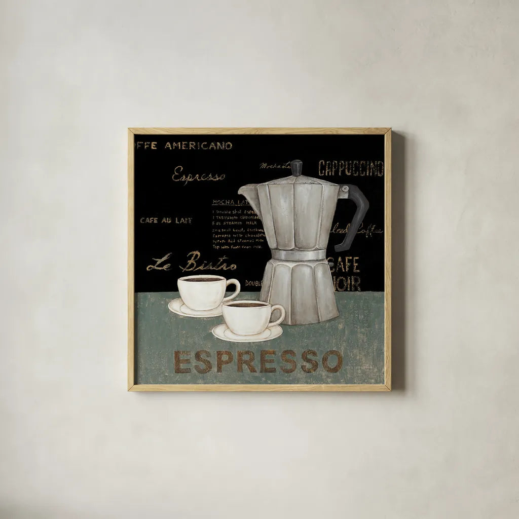 Espresso by David Carter Brown. Shown in a natural wood glass frame for a timeless modern aesthetic. Available as an archival giclee rolled canvas, fine art paper, or poster print. SKU 3262a.