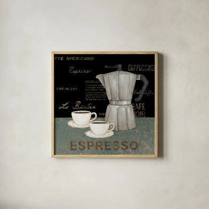 Espresso by David Carter Brown. Shown in a natural wood glass frame for a timeless modern aesthetic. Available as an archival giclee rolled canvas, fine art paper, or poster print. SKU 3262a.