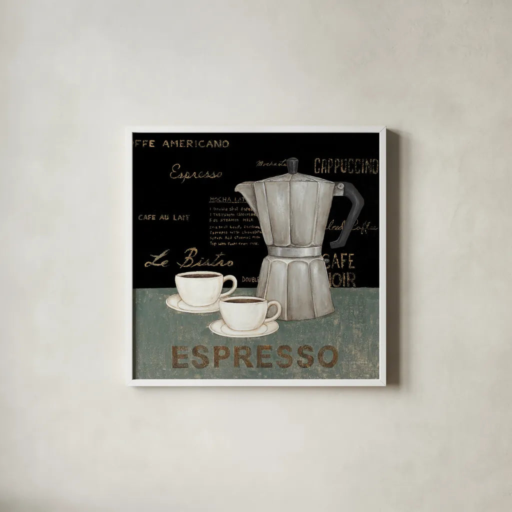Espresso by David Carter Brown. Shown in a crisp white glass frame for a clean and minimalist style. Available as an archival giclee rolled canvas, fine art paper, or poster print. SKU 3262a.