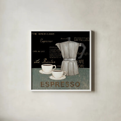 Espresso by David Carter Brown. Shown in a crisp white glass frame for a clean and minimalist style. Available as an archival giclee rolled canvas, fine art paper, or poster print. SKU 3262a.