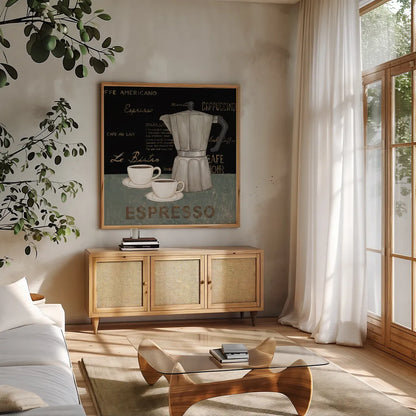 Espresso by David Carter Brown. Shown in a natural wood frame in a cozy modern living room. Available as an archival giclee rolled canvas, fine art paper, or poster print. SKU 3262a.