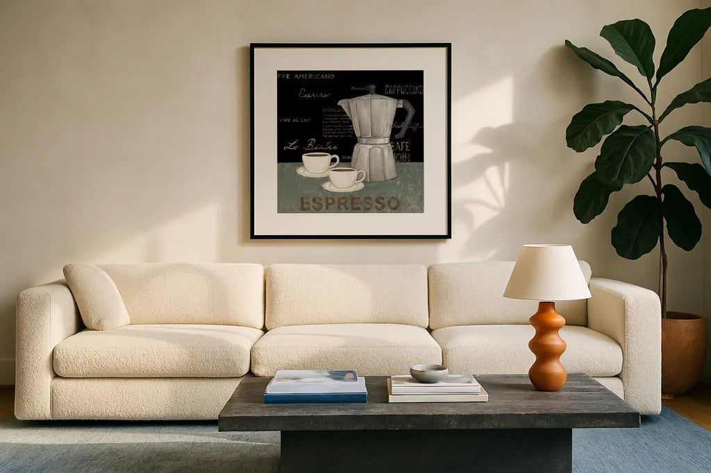 Espresso by David Carter Brown. Displayed in a glass frame with matte in a clean modern living room. Available as an archival giclee rolled canvas, fine art paper, or poster print. SKU 3262a.