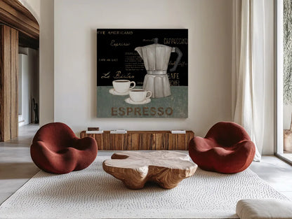 Espresso by David Carter Brown. Shown as extra-large giant wall art in a modern living room. Available as an archival giclee rolled canvas, fine art paper, or poster print. SKU 3262a.