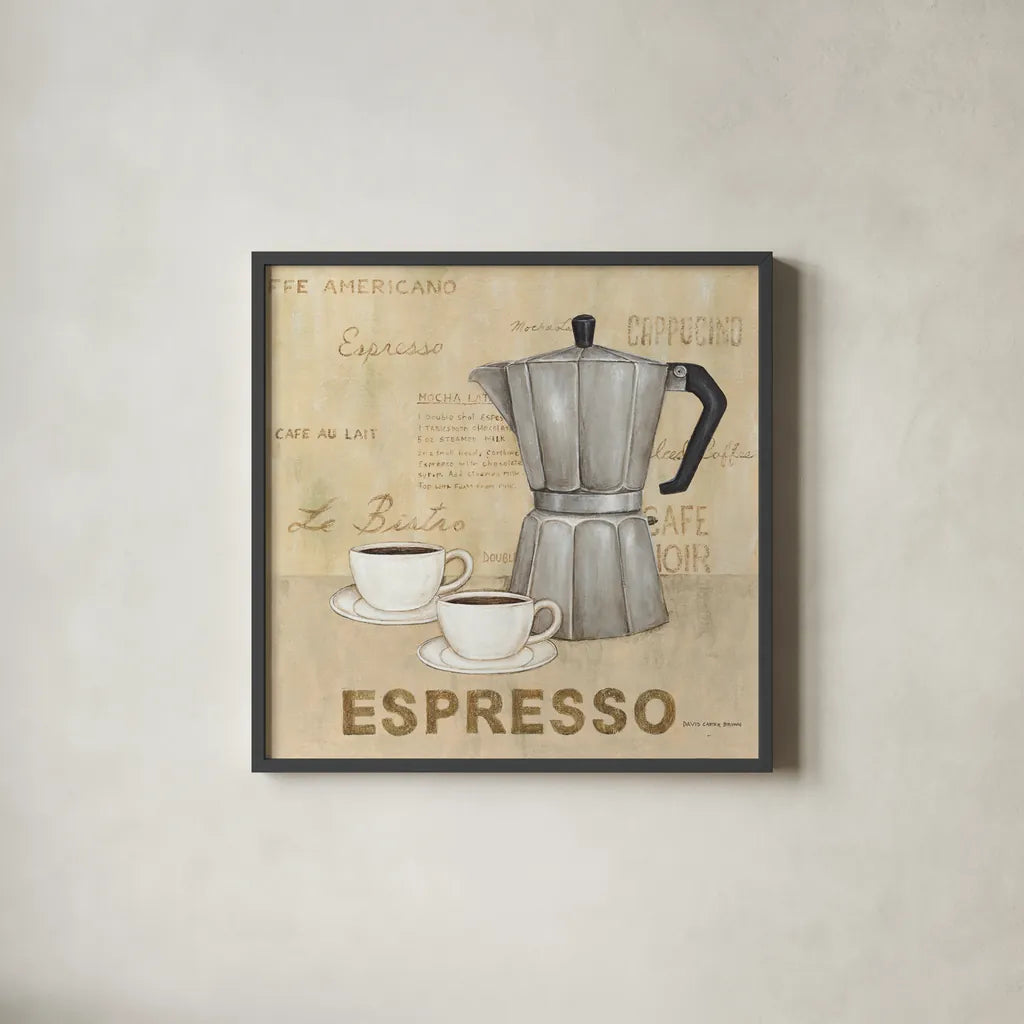 Espresso Cream by David Carter Brown. Shown in a sleek black glass frame for a contemporary gallery look. Available as an archival giclee rolled canvas, fine art paper, or poster print. SKU 37691a.