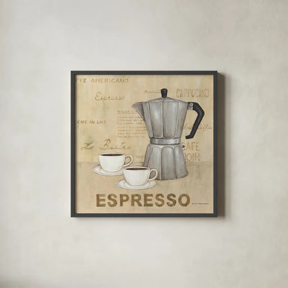 Espresso Cream by David Carter Brown. Shown in a sleek black glass frame for a contemporary gallery look. Available as an archival giclee rolled canvas, fine art paper, or poster print. SKU 37691a.