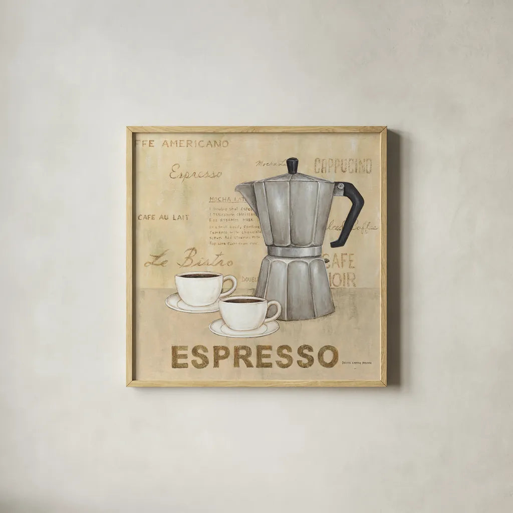 Espresso Cream by David Carter Brown. Shown in a natural wood glass frame for a timeless modern aesthetic. Available as an archival giclee rolled canvas, fine art paper, or poster print. SKU 37691a.