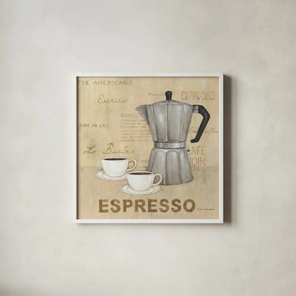 Espresso Cream by David Carter Brown. Shown in a crisp white glass frame for a clean and minimalist style. Available as an archival giclee rolled canvas, fine art paper, or poster print. SKU 37691a.