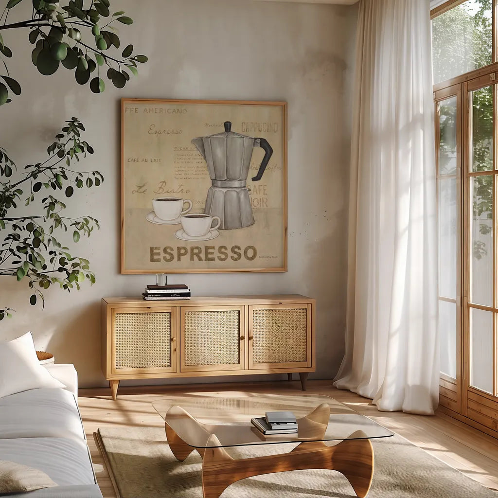 Espresso Cream by David Carter Brown. Shown in a natural wood frame in a cozy modern living room. Available as an archival giclee rolled canvas, fine art paper, or poster print. SKU 37691a.