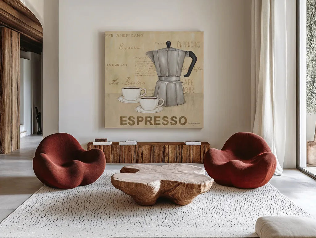 Espresso Cream by David Carter Brown. Shown as extra-large giant wall art in a modern living room. Available as an archival giclee rolled canvas, fine art paper, or poster print. SKU 37691a.