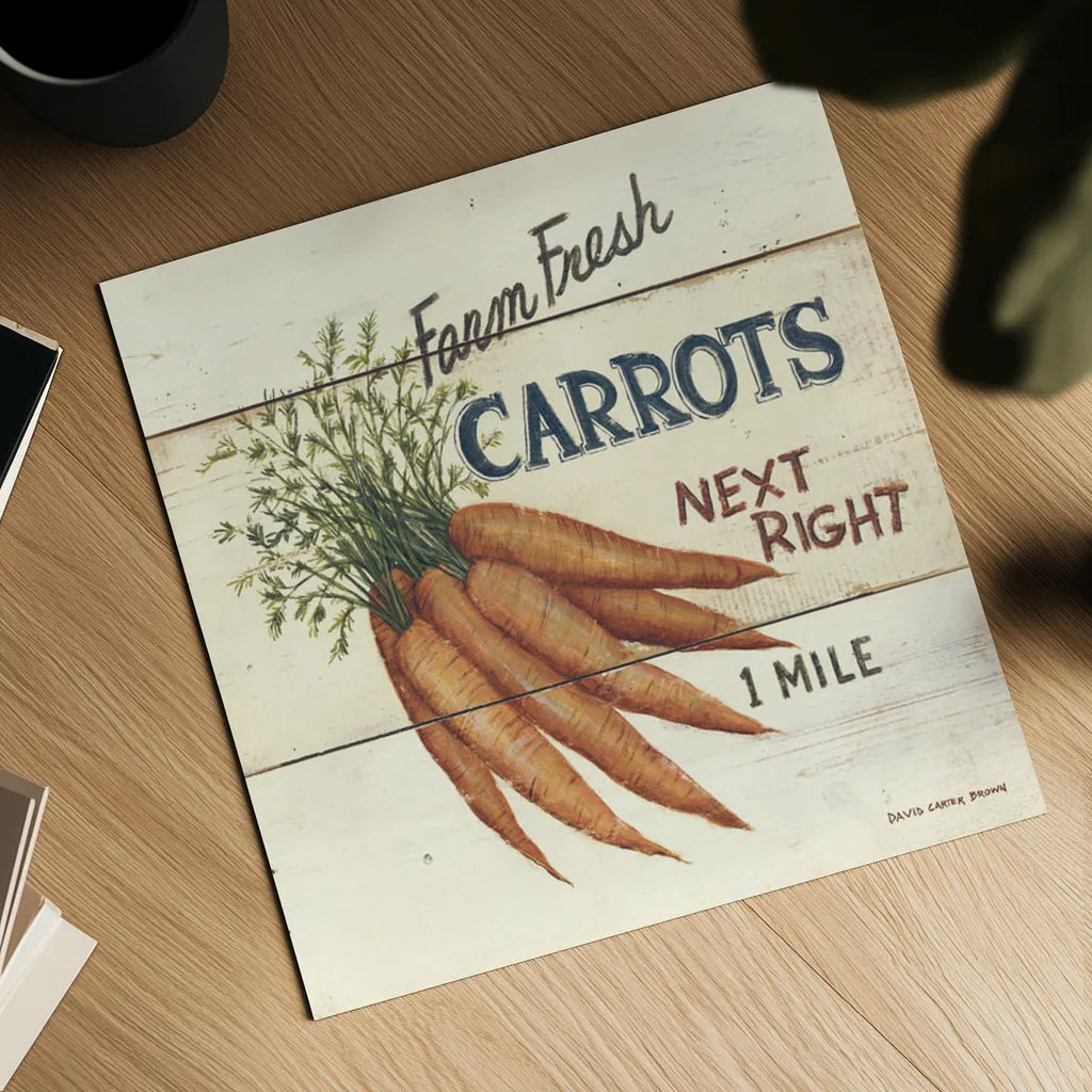 Farm Fresh Carrots by David Carter Brown. Shown as a detailed flat fine art print, highlighting archival giclee quality. Available as an archival giclee rolled canvas, fine art paper, or poster print. SKU 3185a.